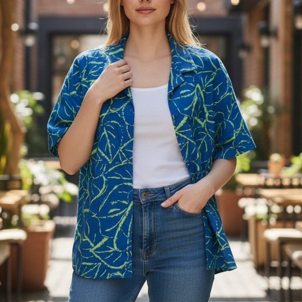 Vintage Liz Claiborne Button Up Short Sleeve Leaf Print Blue Green‎ size 10 Boxy